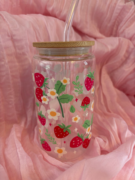 Strawberries Floral Glass Cup