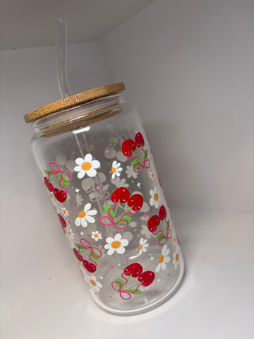 Cherry & Daisies Glass Cup