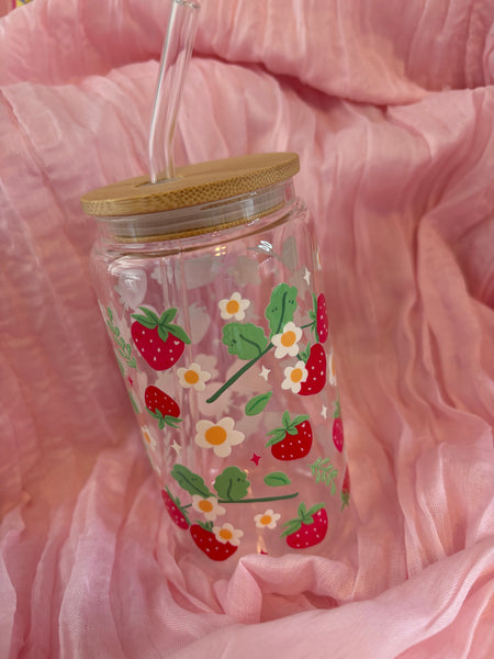 Strawberries Floral Glass Cup