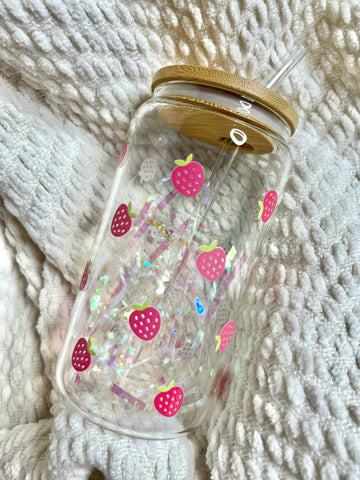 Pink Strawberries Glass Cup